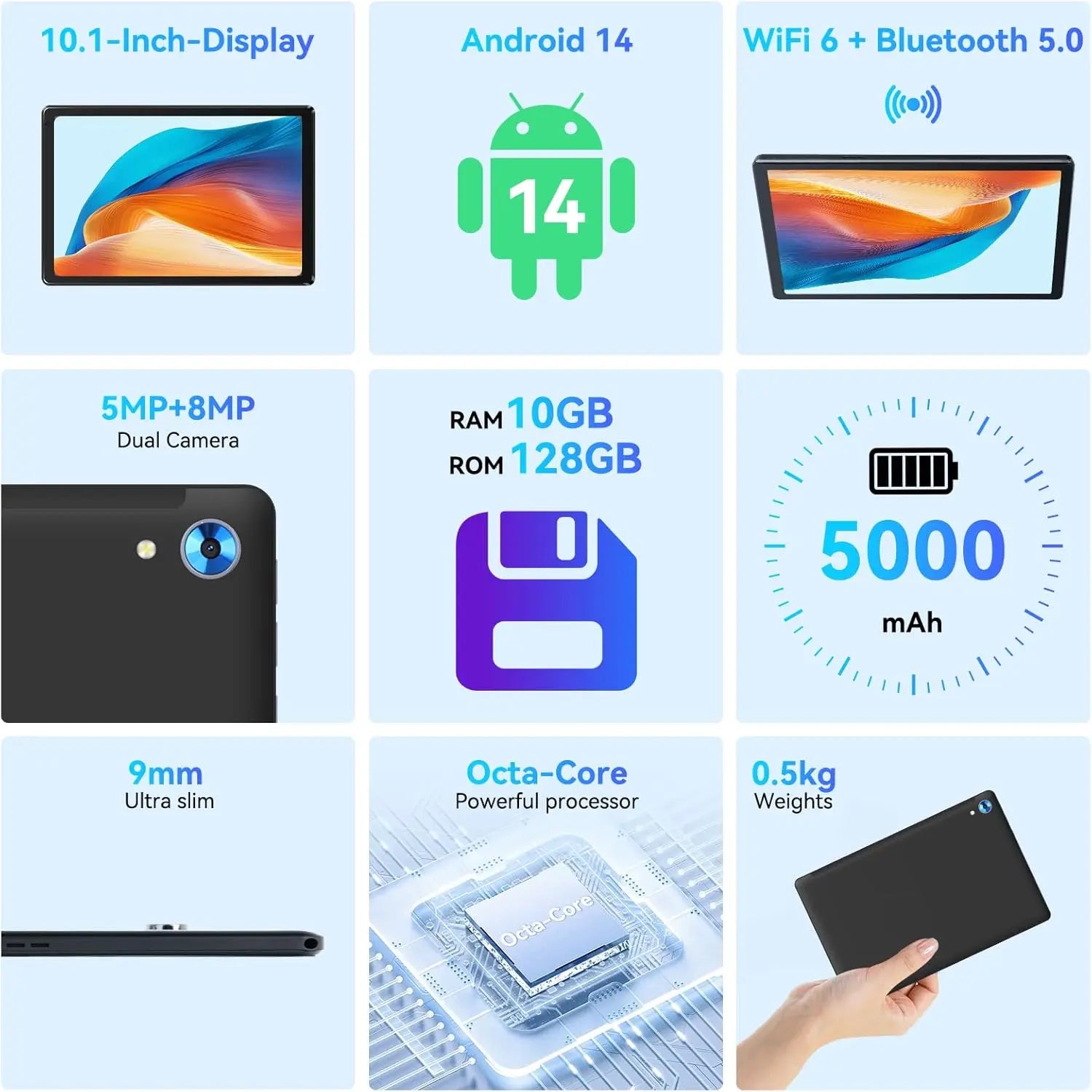 URAO C107 10 Inch Tablet Android 14 Tablets 10GB RAM 128GB ROM 1TB Expand Octa-Core Processor Widevine L1 Dual Camera BT WiFi FM