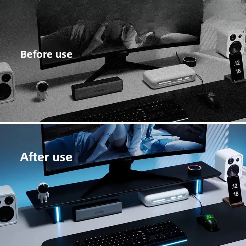 RGB LED Monitor Riser for Gaming Desk, Desktop Screen Elevation Stand, Laptop Holder, Multi-Layer Organizer,  Desk Accessory