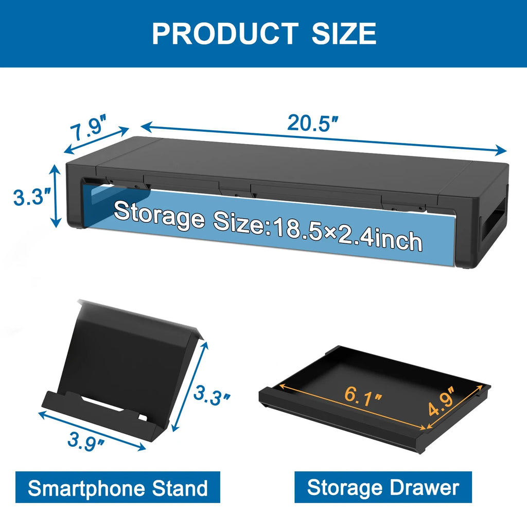 Monitor Stand Riser, Foldable, Height Adjustable Computer Stand, Desk Shelf Riser with Storage Drawer &Tablet Phone