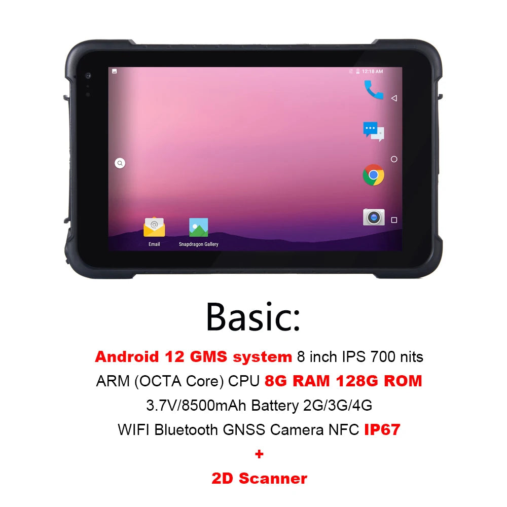 Android Rugged Tablet 8 Inch 4G LTE 8GB RAM 128GB ROM 2D Scanner Google Play IP67 Industrial Waterproof Tablet PC