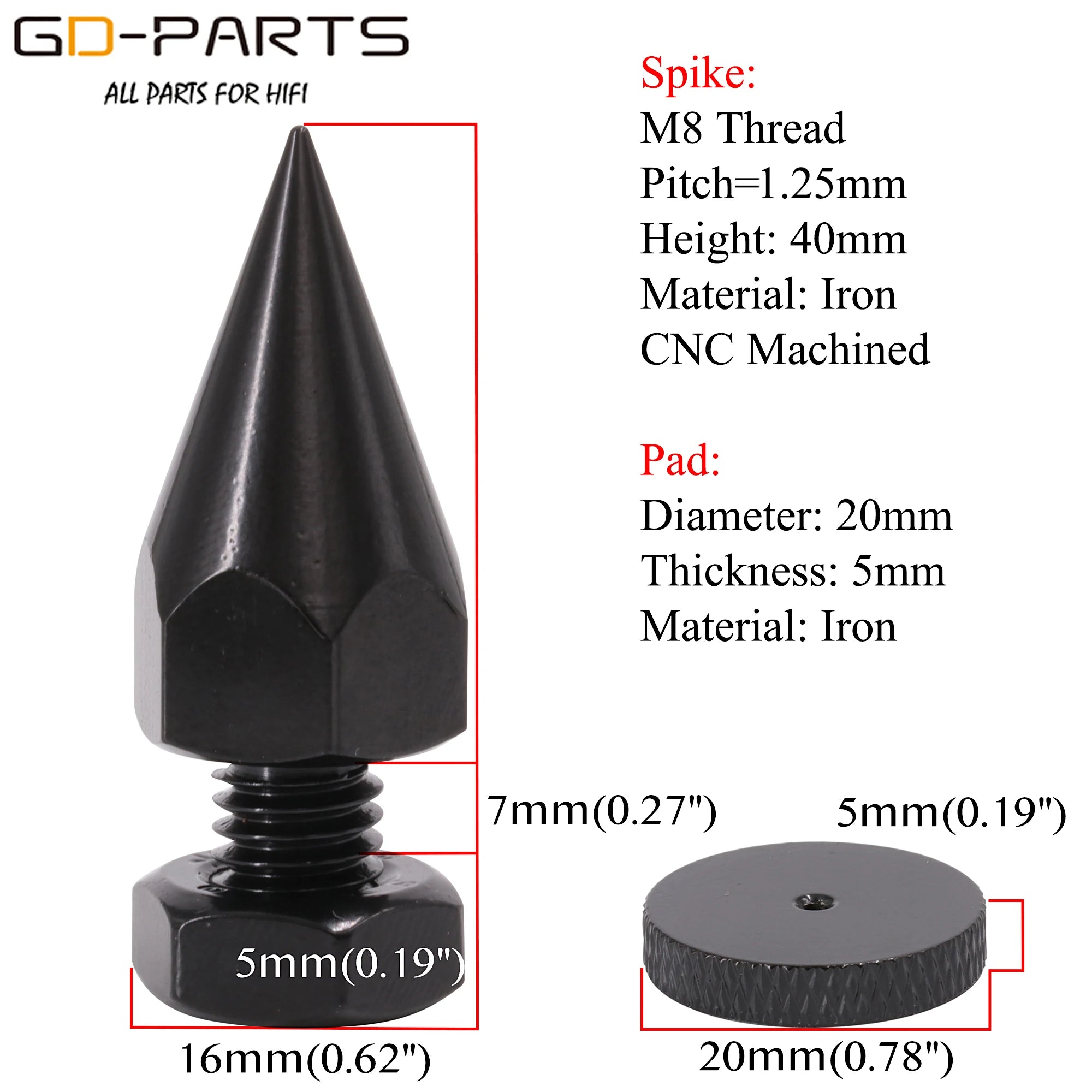 M6 M8 Thread Iron Speaker Spike Cone Damper AMP Turntable Recorder Studio Monitor Isolation Stand Vibration Cone Foot Pad 40mm