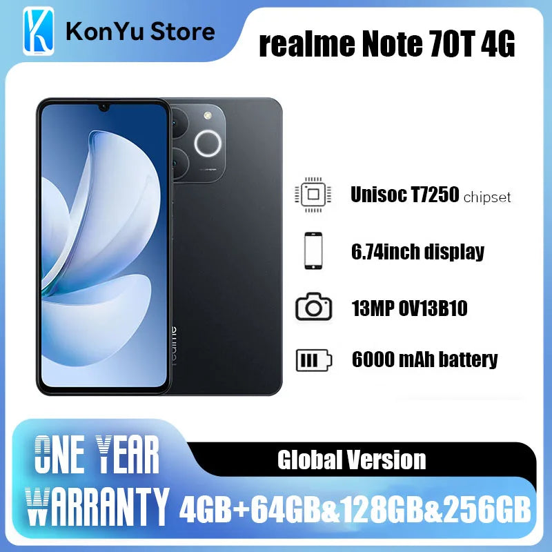 realme Note 70T 4G Smartphone 6.75inches 90Hz Screen 6000mAh Battery 4GB RAM 64GB 128GB 256GB 13MP Al Camera  IP54 Cell Phone