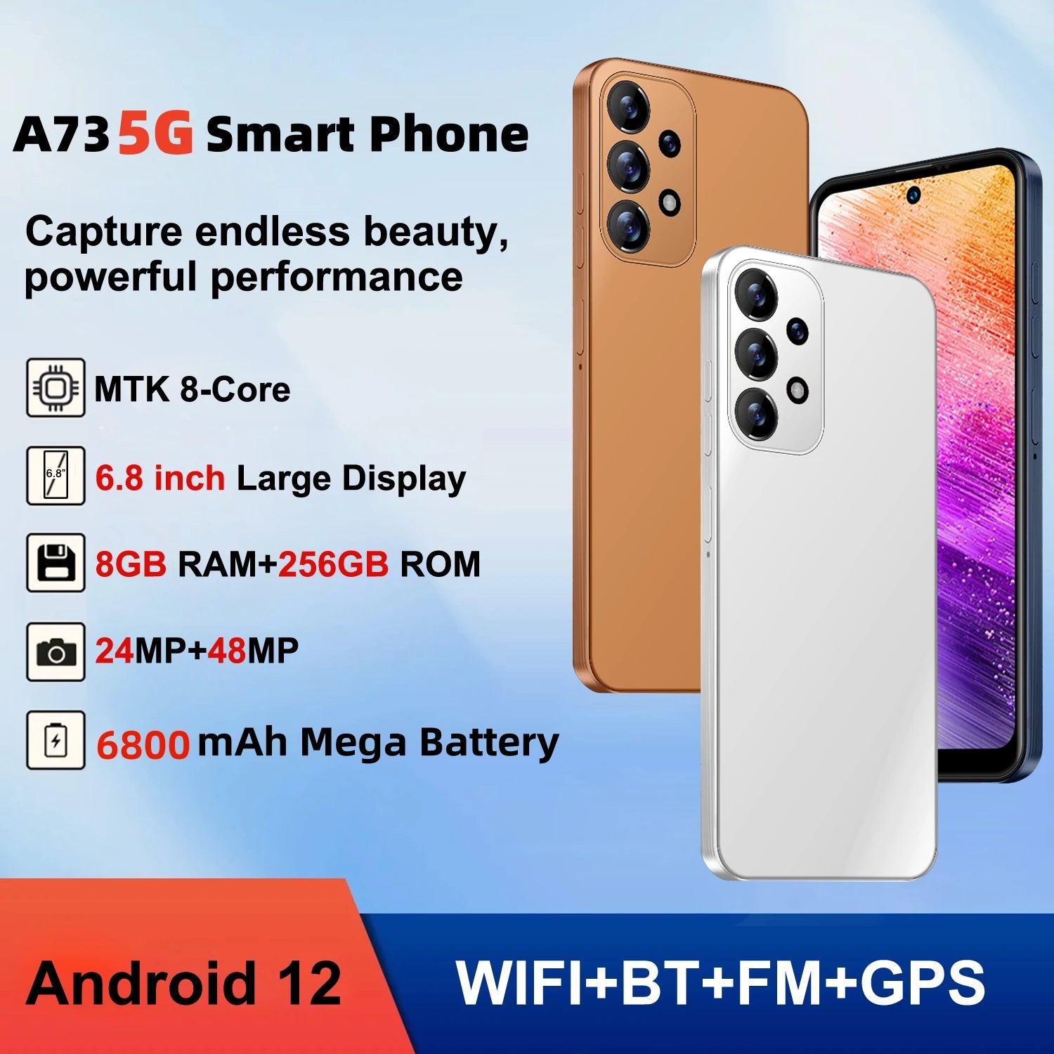 A73 Phone,Smartphone Android,6.8 inch,8GB RAM,256GB ROM,Dual SIM,Mobile phone,Google Play Store,13+32MP,6800mAh,Cellphones