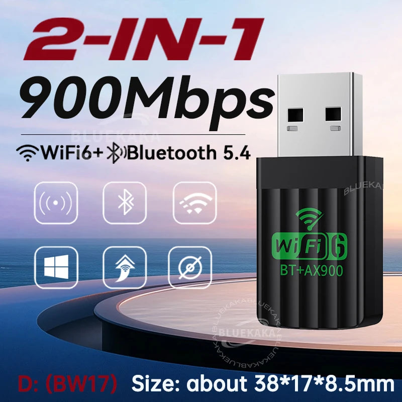 2IN1Mini USB AX900Mbps WiFi6 BT5.4 Network Card 2.4G&5GHz Dongle Wireless Receiver Adapter Driver Free For PC Laptop Win10/11