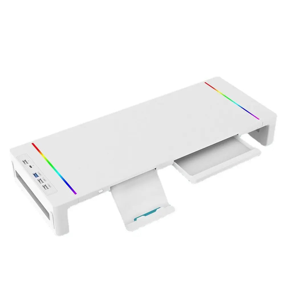RGB Lights Monitor Stand Riser with USB Foldable USB 3.0 & 2.0 Hub Computer Display Stand Ergonomic with Storage Drawer