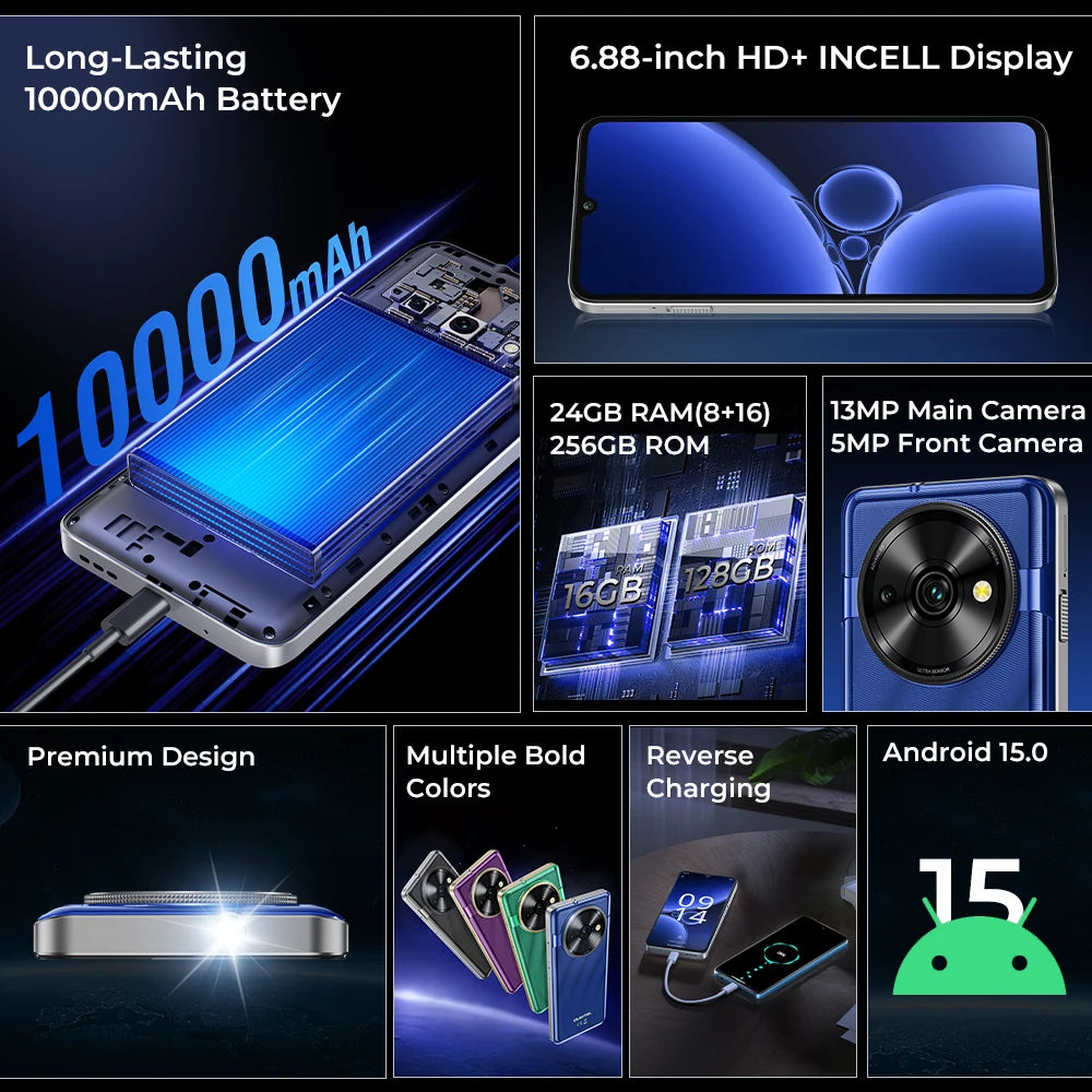Oukitel C59 PRO smartphone 10000mAh Battery 24GB+256GB 6.88"HD 90Hz Android 15 13.3nm 36mm Powerful Speaker cell phone