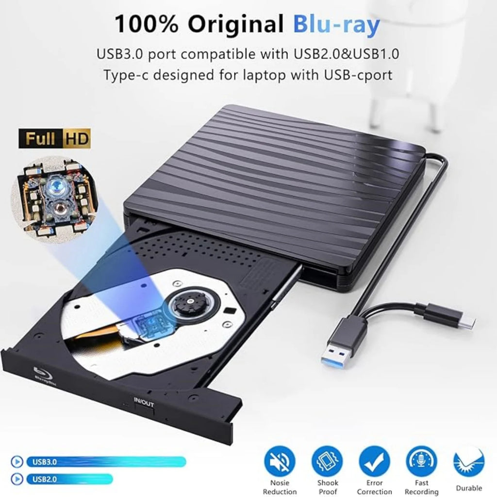 USB3.0 External Blu-ray Optical Drive for Laptop PC Windows 11/10 Mac Portable 3D BD-RW Drive BD DVD CD Player Burner Reader