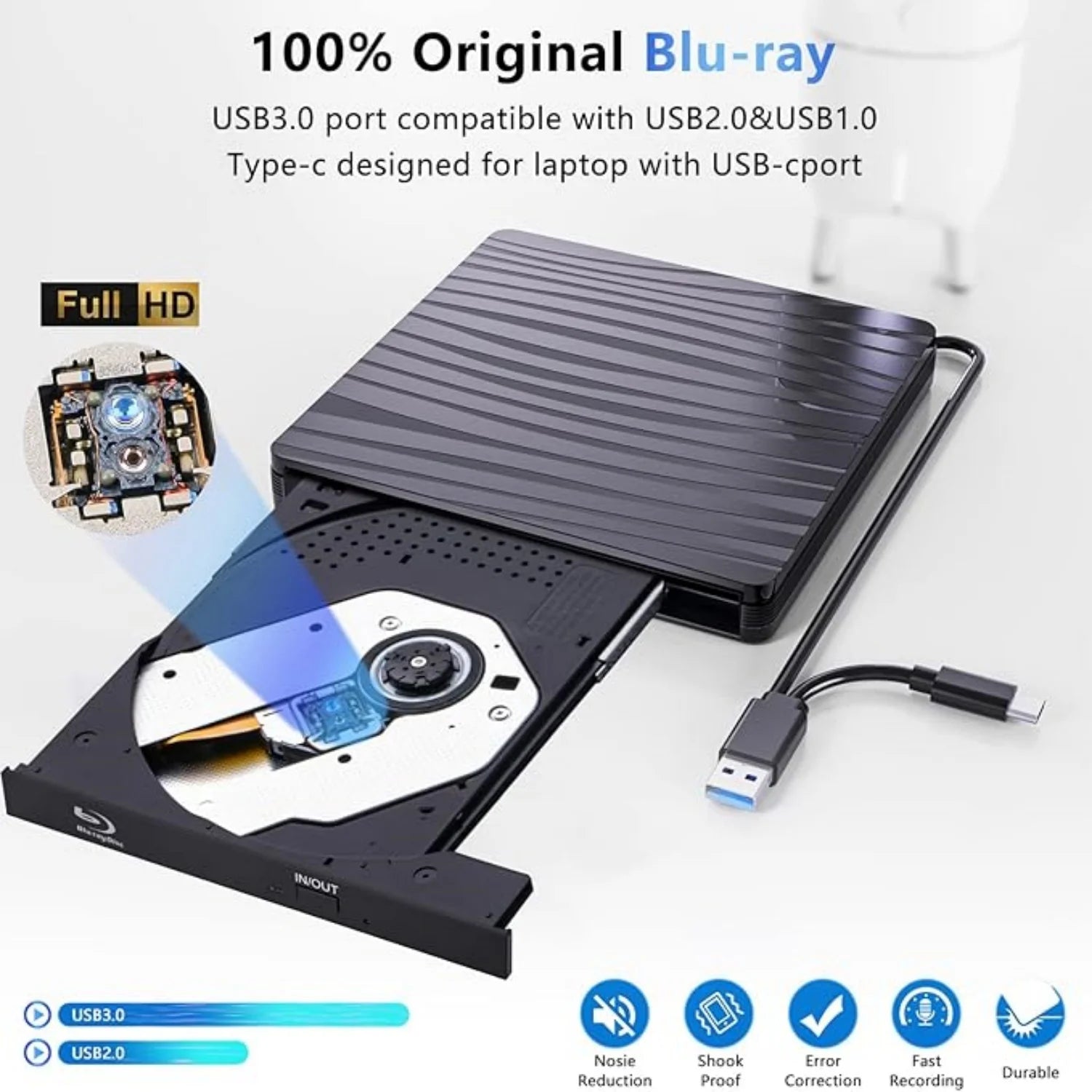 USB3.0 External Blu-ray Optical Drive for Laptop PC Windows 11/10 Mac Portable 3D BD-RW Drive BD DVD CD Player Burner Reader
