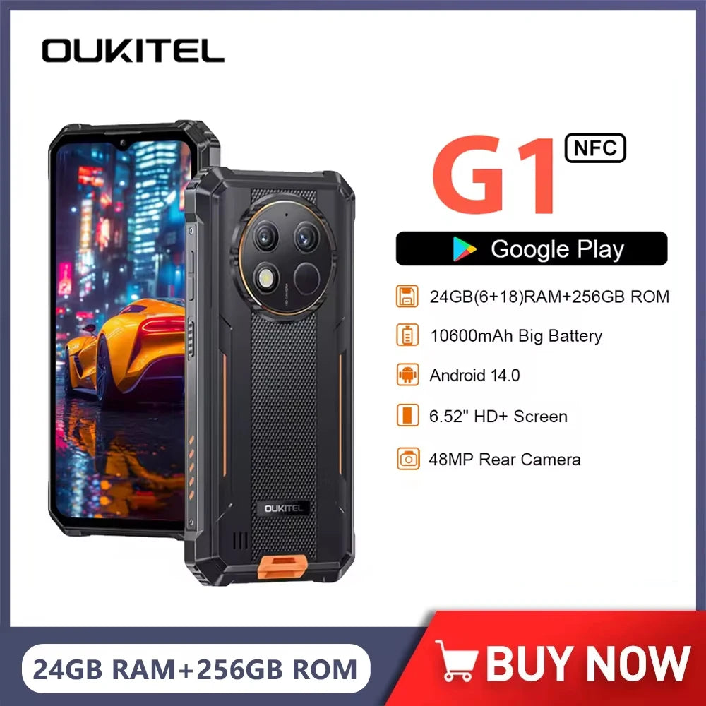 Oukitel G1 Rugged Smartphone Android14 10600mAh Battery 6.52 Inch HD+ 24GB RAM+256GB ROM Mobile Phone 48MP Camera Cellphone NFC