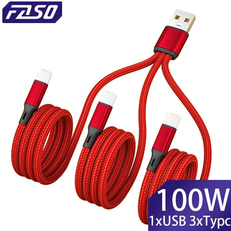 3 In 1 USB-Type C 100W Fast Charging USB A-3Type-C Data Cable For Samsung S24 Xiaomi Huawei Android USB C Data Transfer Cord