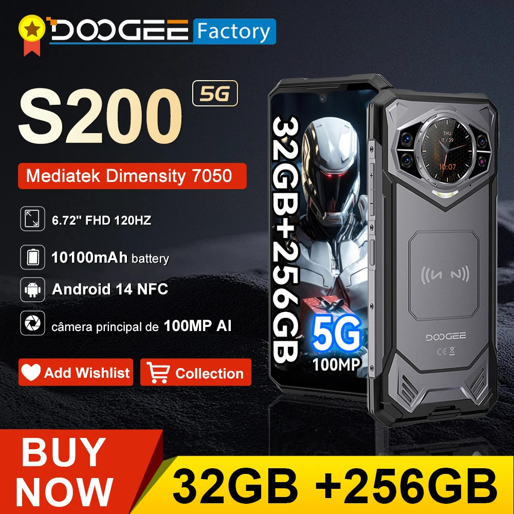 DOOGEE S200 5G Rugged Smartphone 32GB(12+20) 256GB 6.72" 120Hz 1.32'' AMOLED Rear Display 100MP 10100mAh Android 14 Cellphone