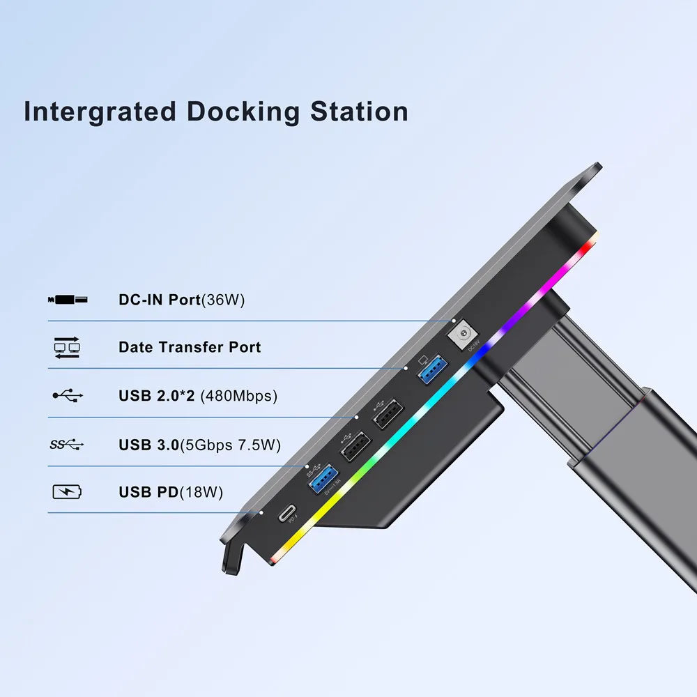 Factory Custom Logo Box Desktop Aluminum Metal Auto Adjustable RGB Lights Computer Laptop Monitor Stand Riser USB