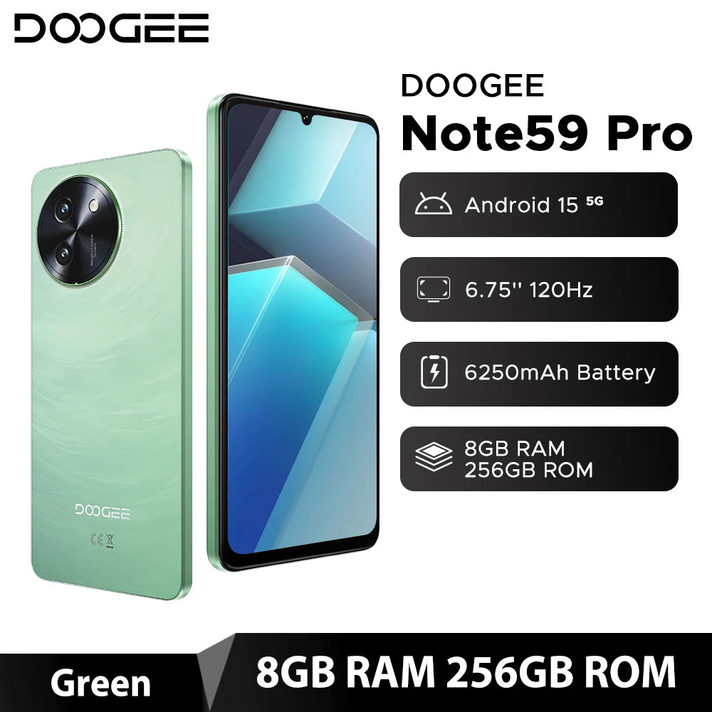 Global Version DOOGEE Note59 Pro 5G Smartphone Android 15 Mobile Phone 8GB RAM 256GB ROM 6.75" HD+ 6250mAh Battery NFC Cellphone