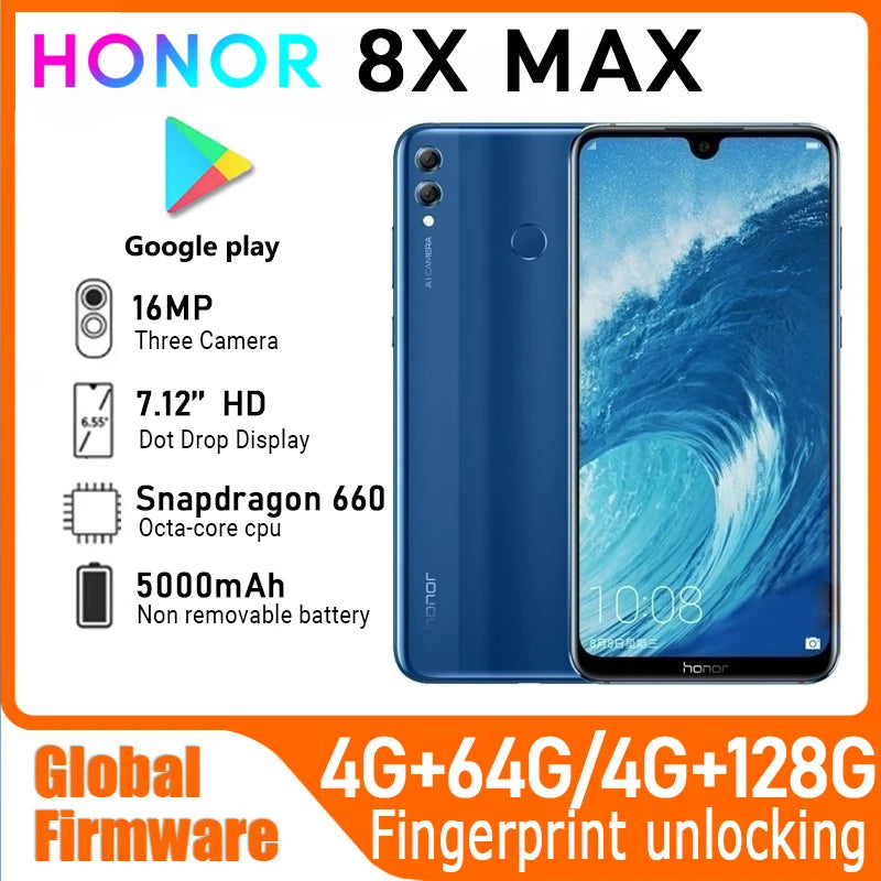HONOR 8X MAX Smartphone Global firmware 7.12 inches Main camera16MP 5000mAh battery CPU Snapdragon 660 card used phone