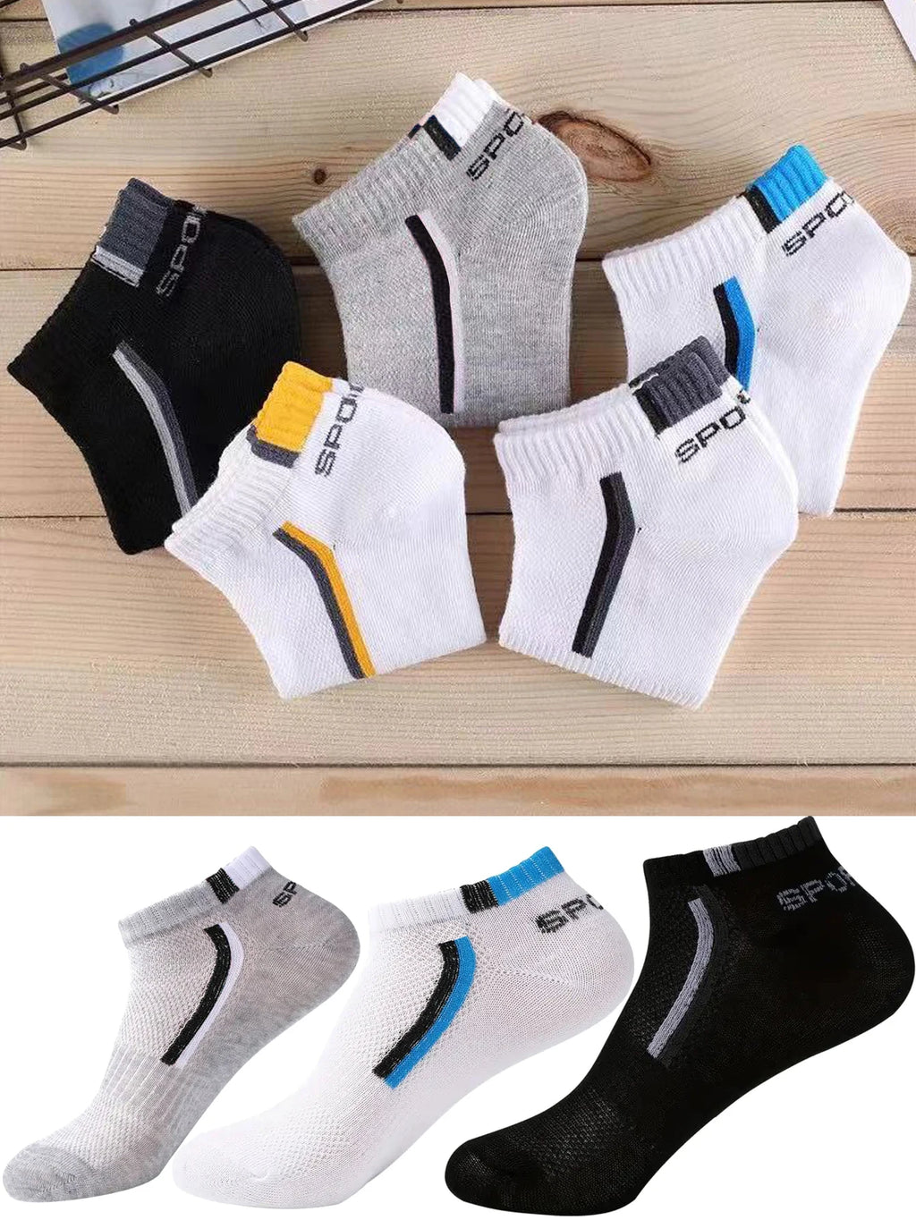 Men's Anti-Slip Boat Socks-5Pair Block Print Ankle Socks for Business & Sports, Breathable Sweat Resistant Anti-odor Comfortable