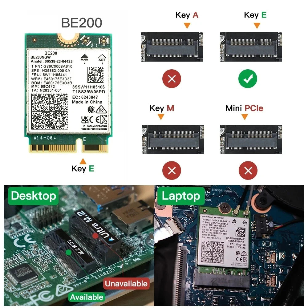 New Wi-Fi 7 BE200 Bluetooth 5.4 Wifi Card BE200NGW 2.4/ 5/ 6 GHz 5.8 Gbps For Windows 11 PC Laptop
