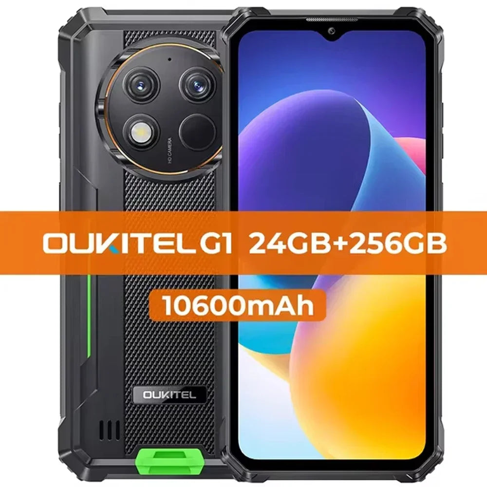 Oukitel G1 Rugged Smartphone Android14 10600mAh Battery 6.52 Inch HD+ 24GB RAM+256GB ROM Mobile Phone 48MP Camera Cellphone NFC