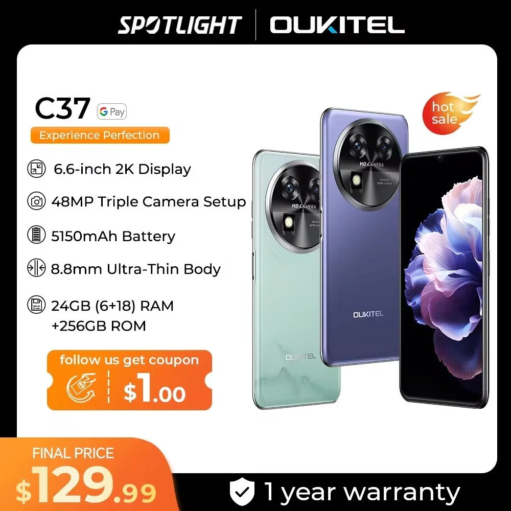 OUKITEL C37 Smartphone 6.6"FHD+ 5150 mAh 6GB+256GB Mobile Phone 48MP Android 13 Cell Phone