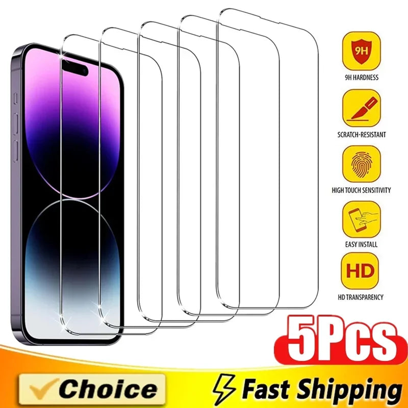 5Pcs Tempered Glass For iPhone 15 13 11 12 14 Pro Max Mini Screen Protector For IPhone 16 17 8 Plus X XR XS MAX Protective Glass