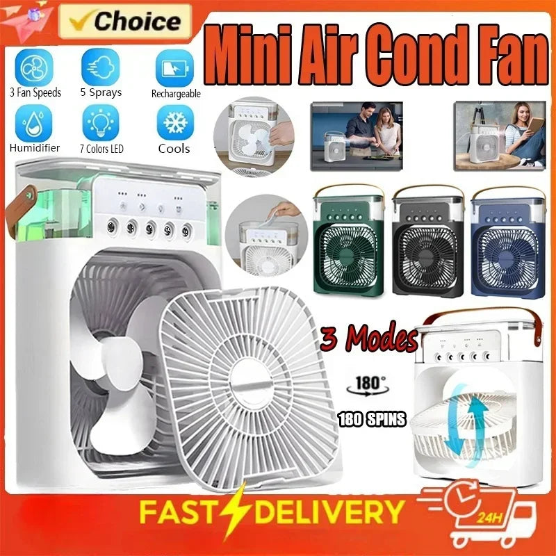 New 3 In 1 Portable Fan AIr Conditioner Household Mini Air Cooler LED Night Light Humidifier Air Adjustment Fan Office Home Fan