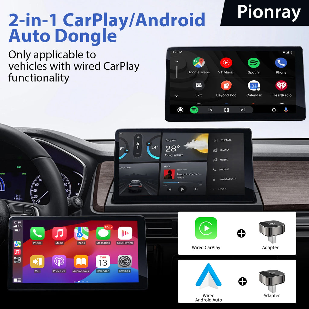 2026 Pionray 2 in 1 Wireless CarPlay Adapter&Android Auto Wireless Adapter, 5Ghz WiFi Type-C/USB Plug Play CarPlay Wireless