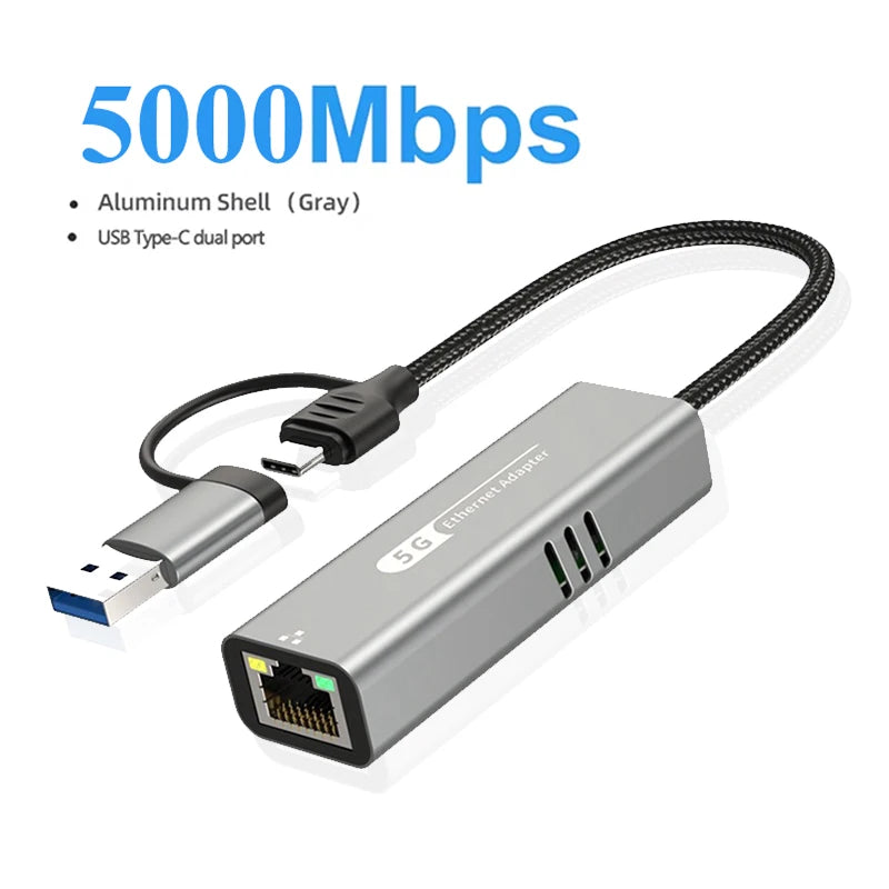 USB to 5Gbps Ethernet Adapter USB3.2 to RJ45 RTL8157 Chip Network Converter Support 5G/2.5G/1G/100Mbps for PC Windows 11 Laptop