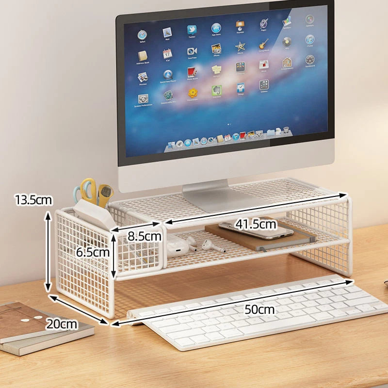 Double-Deck Computer Monitor Riser Holder PC Screen Stand Bracket Desktop Laptop Keyboard Mouse Storage Organizer Pen Container