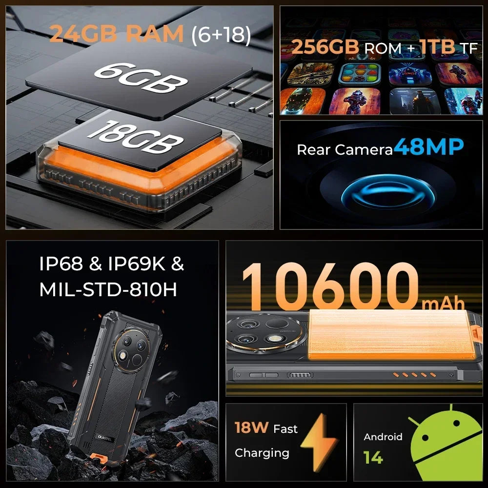 Oukitel G1 24GB+256GB Cellphone 6.52‘' HD+ 10600mAh  Android14 48MP Camera Rugged Smartphone