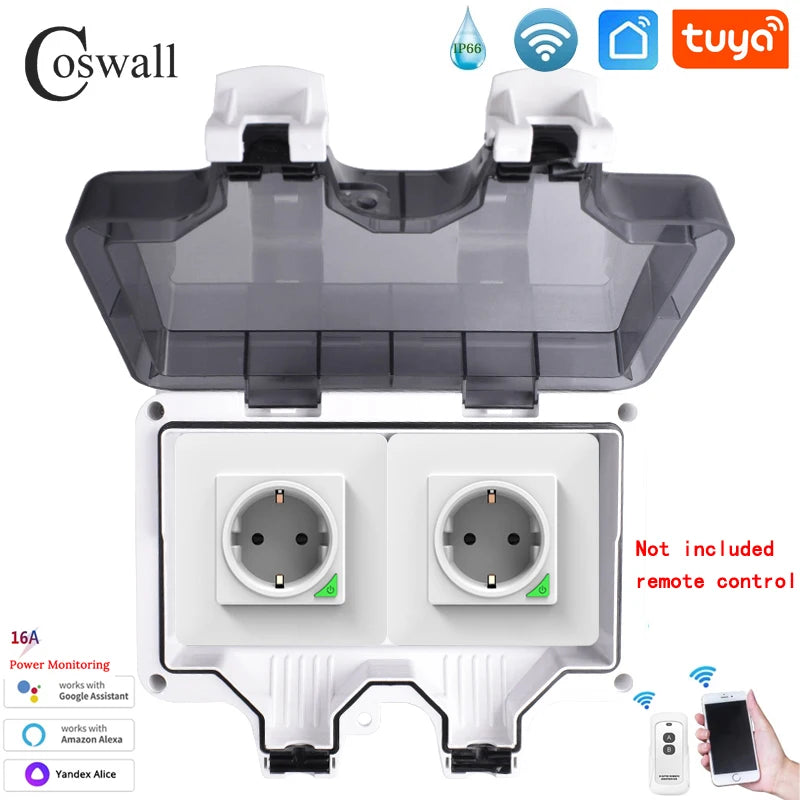 Coswall IP66 Waterproof EU Socket Tuya WIFI / Zigbee Timer Switch Programmable With Power Monitoring Function White