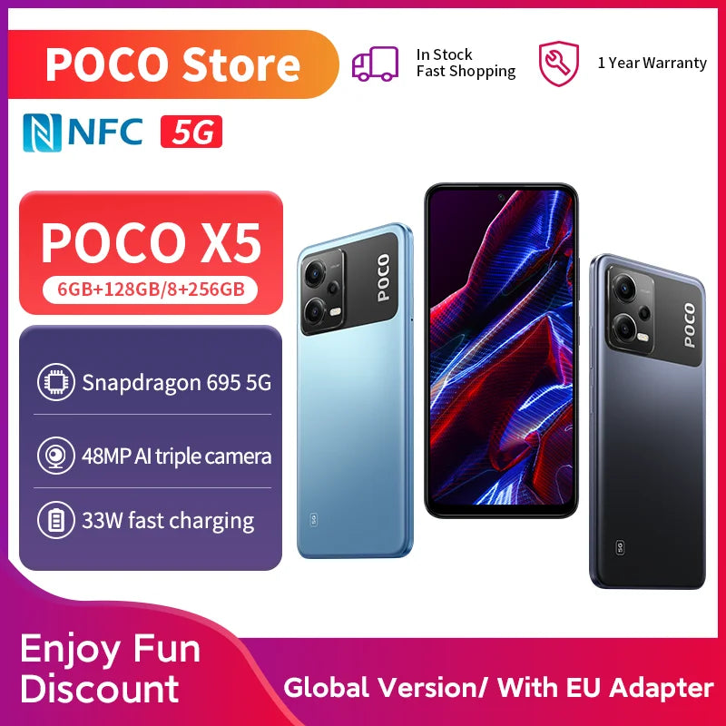 Global Version POCO X5 5G 128GB/256GB Cellphone 120Hz AMOLED DotDisplay Snapdragon 695 NFC 33W Fast Charging 48MP Camera
