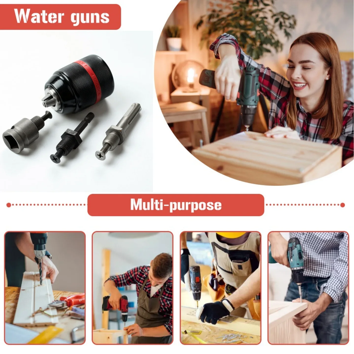 2-13mm Keyless Threaded Metal Drill Chuck, Hex Shank/SDS/Square Quick Grip Adapter, Chuck for Drill Bits Screwdriver Tap&Sockets