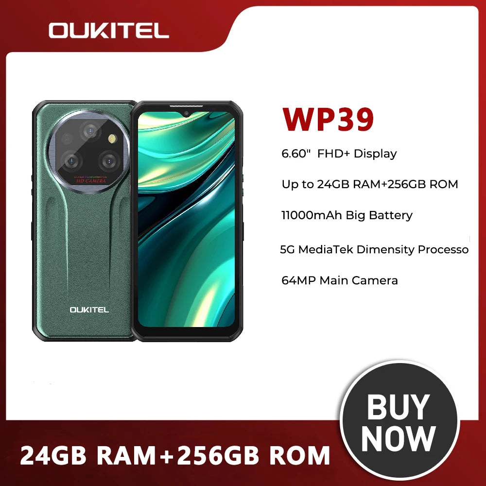 Oukitel Rugged Smartphone wp39 6.60"FHD+ 5G 24GB（6+18)+256GB  64MP Camera 11000mAh Cell phone Android 14 Global Version