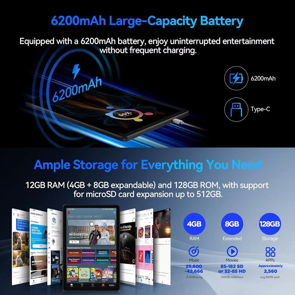 ALLDOCUBE iPlay 60S Dual-SIM 4G LTE Tablet 10.1-inch 4GB+8GB RAM 128GB ROM Widevine L1 Android 14 OS 6200mAh Battery Tablet PC