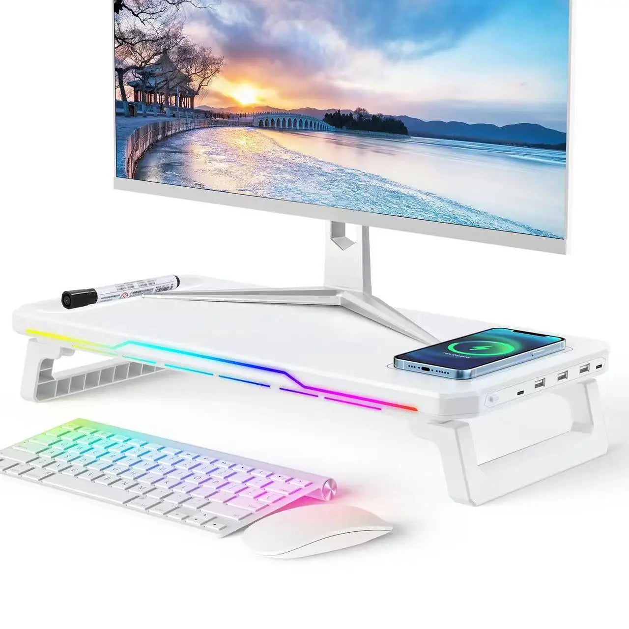 PC Monitor Stand Riser RGB Light With 3 USB 2.0 Hub Desktop Support Monitor Keyboard Mouse Organizer Assembly Tool Included