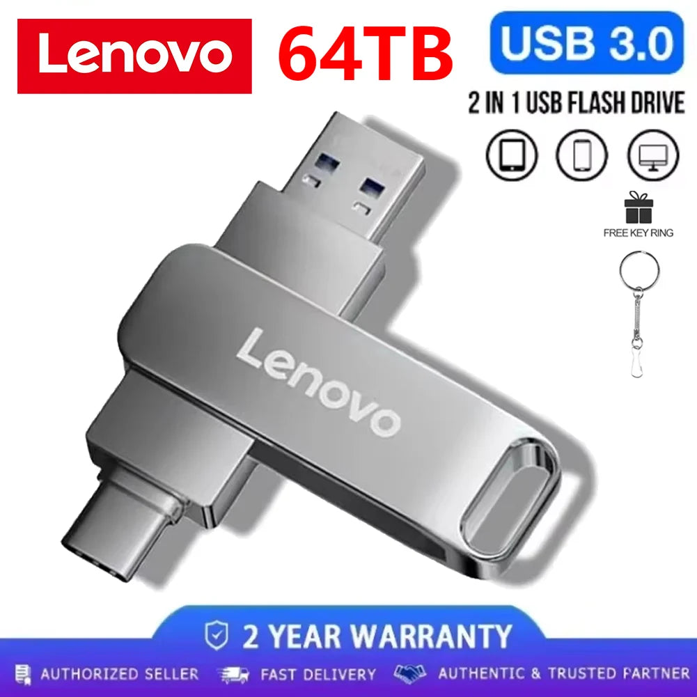 Lenovo 64TB USB 3.2 Pen Drive 16TB 2TB USB Stick High Speed Transfer Metal Portable SSD Pendrive Cle U Disk Flash Drive Memoria