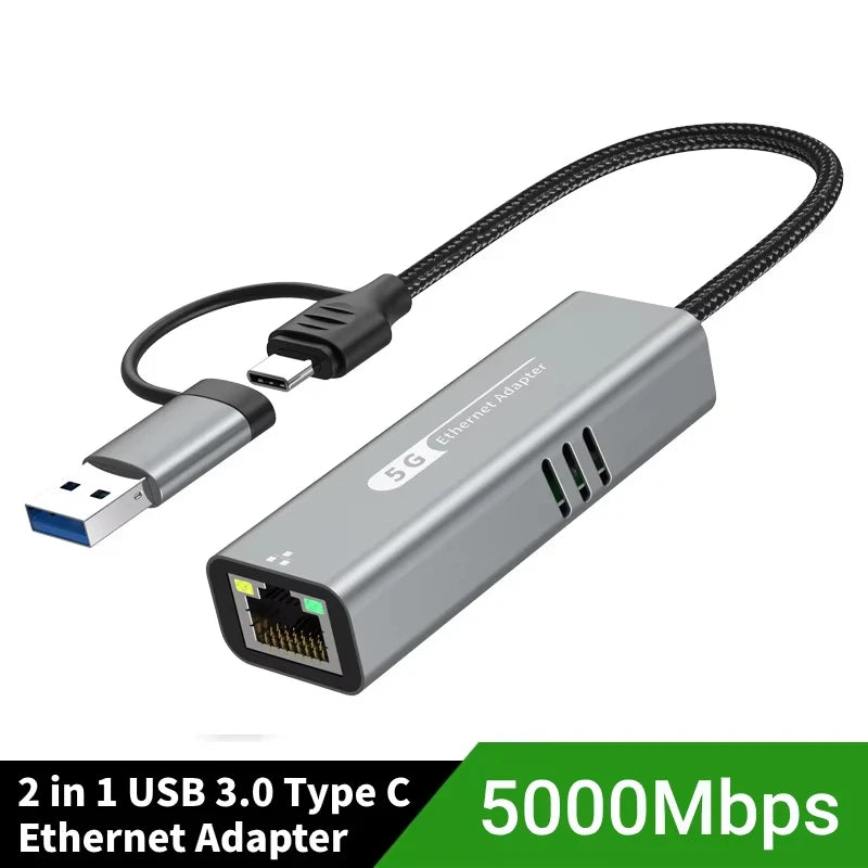 USB C to 5Gbps Ethernet Adapter RJ45 USB 3.2 Gigabit Network Adapter 5000Mbps Type C Ethernet Card For Windows 10/11 Mac OS 11