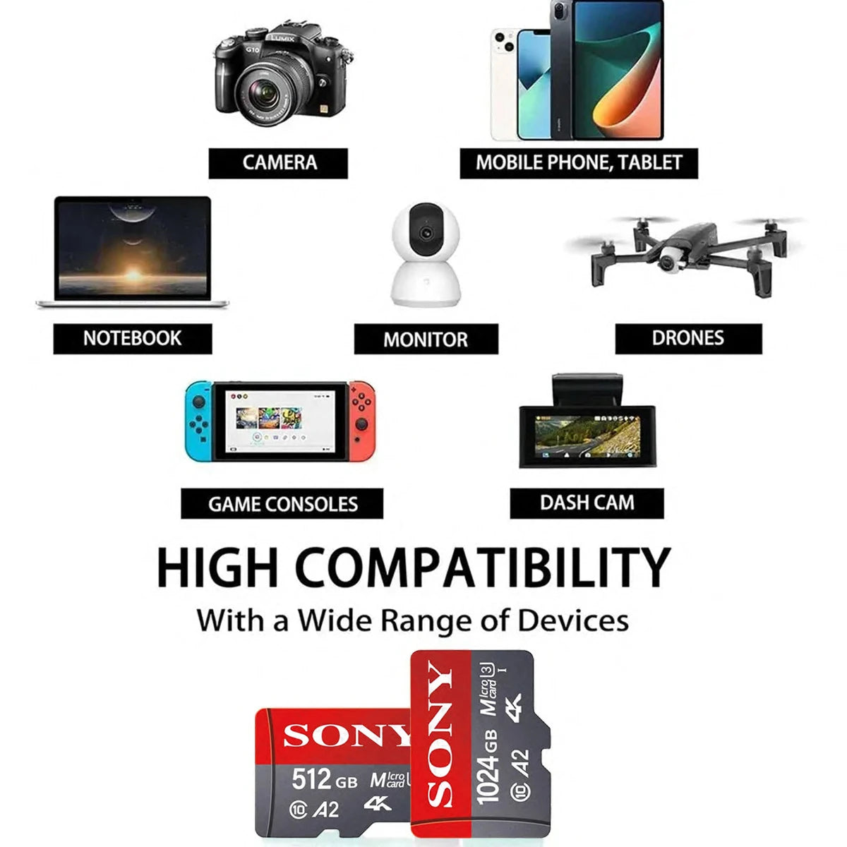 SONY Micro SD TF Card 1TB Memory Card Class 128GB 256GB High Speed Cartao De Memoria Flash Memory TF Mecard C10 For Xiao Mi