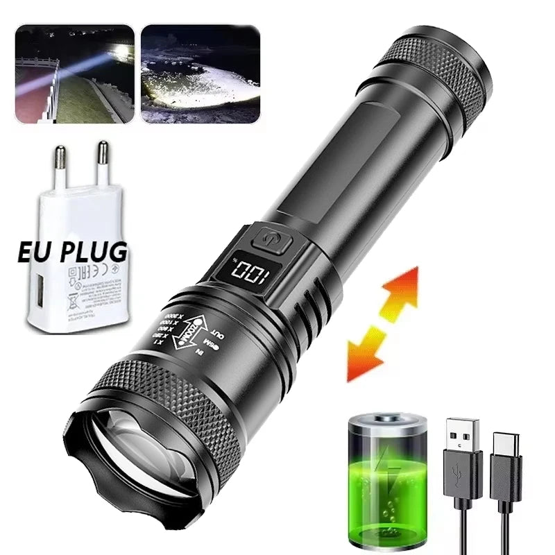 9900LM Powerful LED Flashlight Battery Display USB Rechargeable Light Telescopic Zoom Torch Lamp Outdoor Camping Fishing Lantern