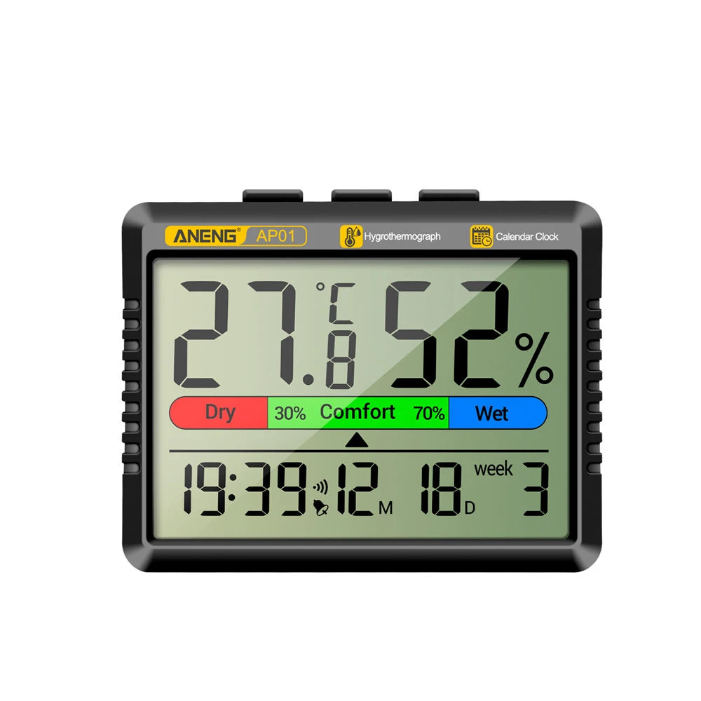 Multifunction Thermometer Hygrometer Automatic Electronic Temperature Humidity Monitor Clock Calendar  Week Large LCD Screen