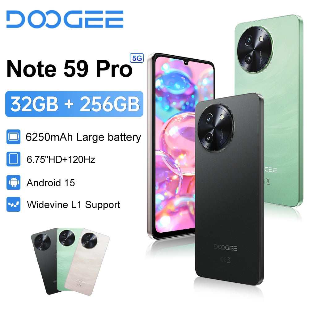 NEW DOOGEE Note 59 Pro 5G Smartphone 8GB RAM 256GB ROM 120Hz 6.75" HD+ 6250mAh Battery NFC Cellphone Martphone Android 15 Phones