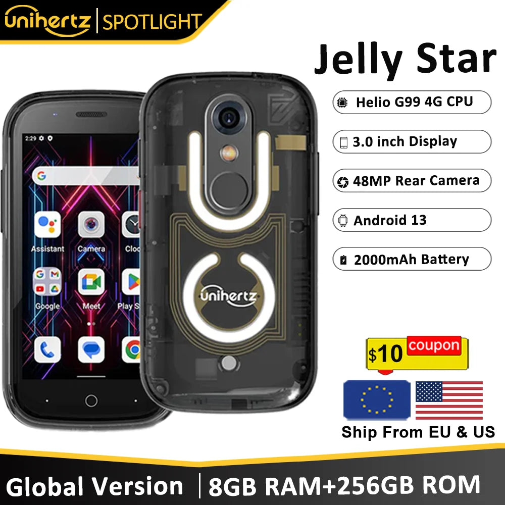 Unihertz Jelly Star Mini Smartphone Android 13 8GB 256GB Led Light Unlocked Transparent Backshell Cellphones 48MP 3 inch Phone