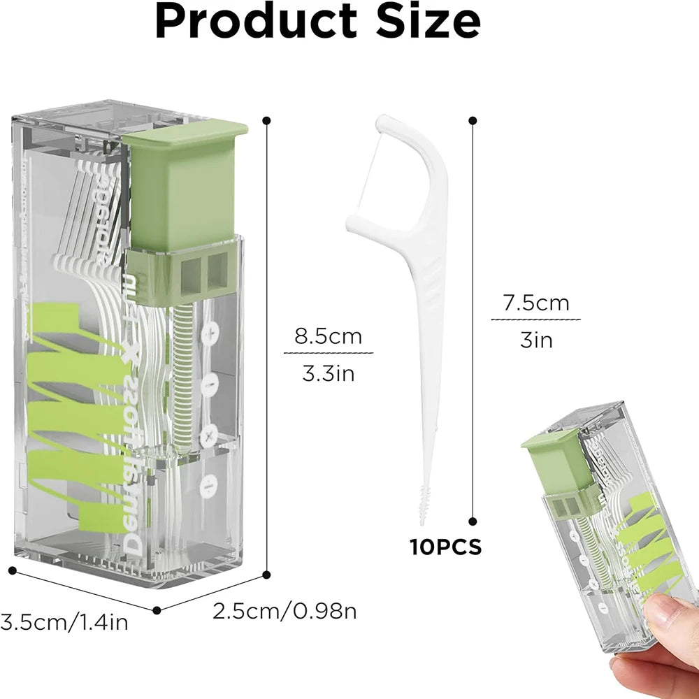Portable Automatic Floss Dispenser with 10Pcs Press-on Disposable Flossing Sticks Oral Care Ejectable Floss Organizer