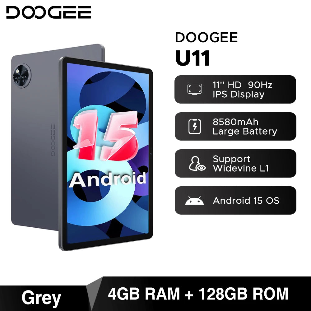 DOOGEE U11 Android 15 Tablet 11" Ultra-clear 90Hz Display 16GB(4+12) 128GB 8580mAh Battery Unisoc T606 octa-core Dual Speaker