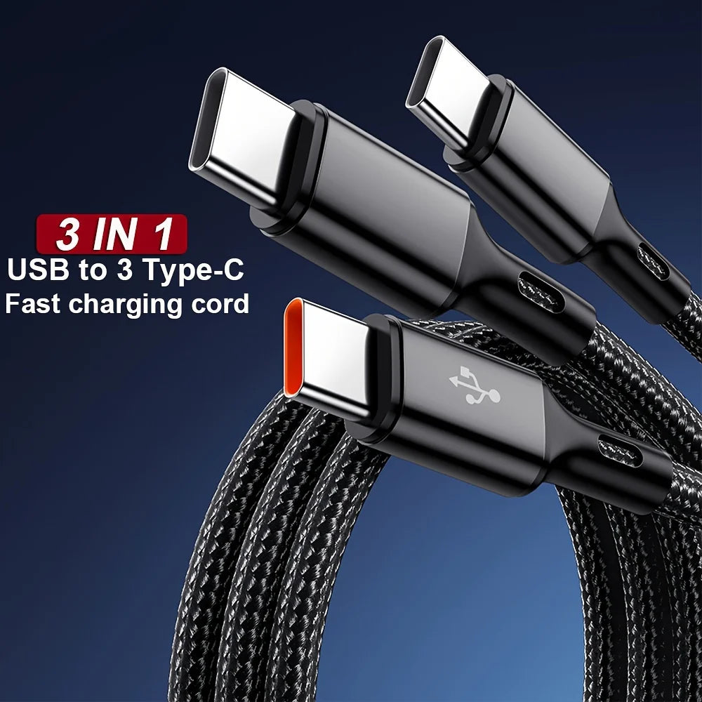 3 In 1 USB-Type C 100W Fast Charging USB A-3Type-C Data Cable For Samsung S24 Xiaomi Huawei Android USB C Data Transfer Cord