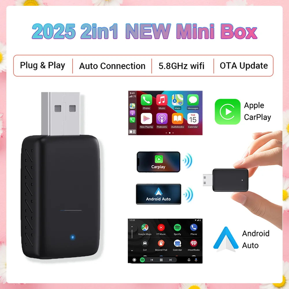 2025 NEW 2in1 Smart Mini Box Wireless Carplay Adapter Android Auto WIFI BT Auto Connect For Toyota Volvo Benz MG Kia MAZDA FORD
