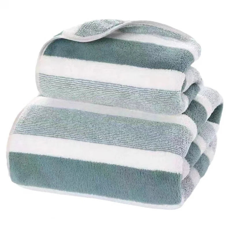 Optimized Title: Thickened Coral Fleece Bath Towel - Soft Absorbent Wide Stripe, 3 Colors Unisex Home Use