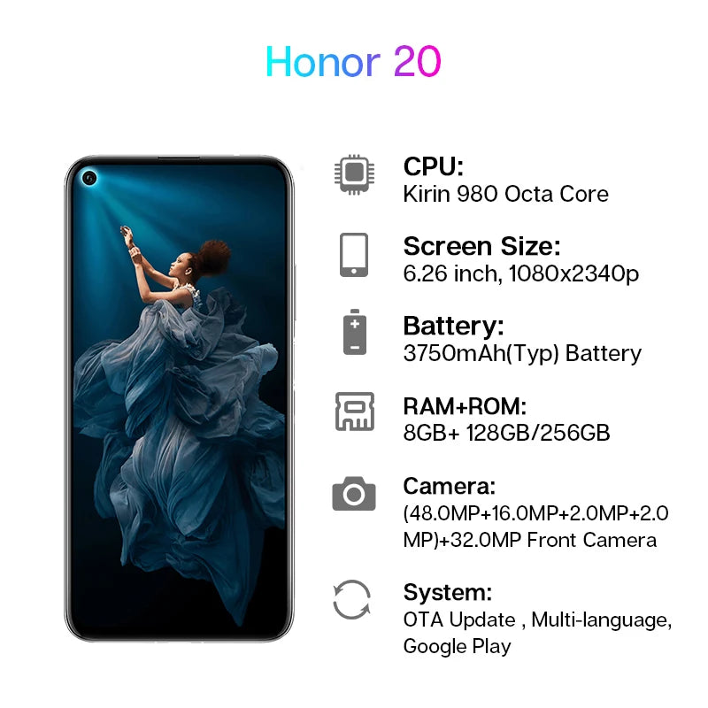 Global Rom Honor 20 Cell phone Kirin 980 Octa Core 8GB RAM 256GB RAM 3750mAh Super Charge 6.26 inch Support Google Play