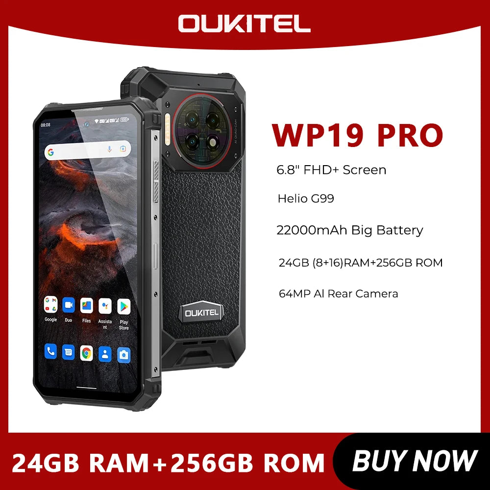 Rugged Phone Oukitel WP19 Pro Helio G99 Cellphone 22000mAh 24GB 256GB Smartphone 64MP Camera  120Hz Mobile Phone