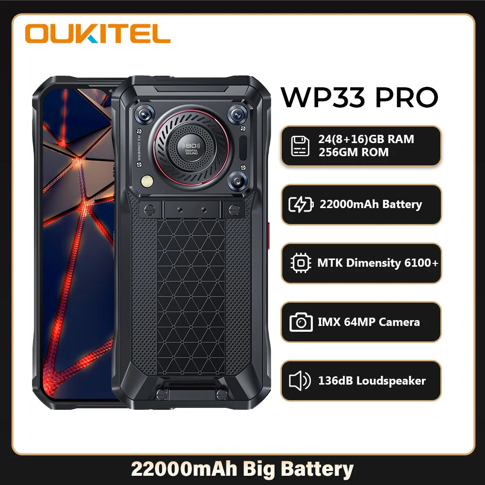 Oukitel WP33 Pro 5G Rugged Smartphone  22000mAh 6.6" FHD+ Cell phone 24GB 256GB Mobile Phone 64MP Camera  33W
