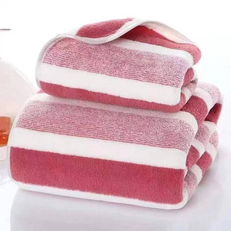 Optimized Title: Thickened Coral Fleece Bath Towel - Soft Absorbent Wide Stripe, 3 Colors Unisex Home Use